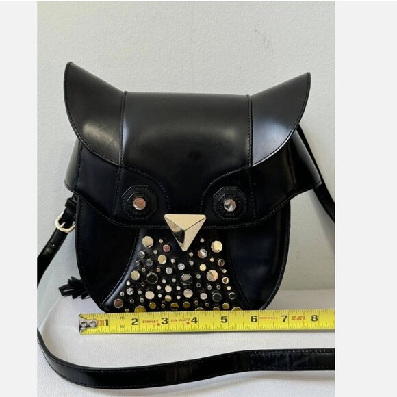 LUANA Italy Minerva Black Leather Studded Tassel Witch Wise Owl Crossbody Bag - Picture 9 of 9